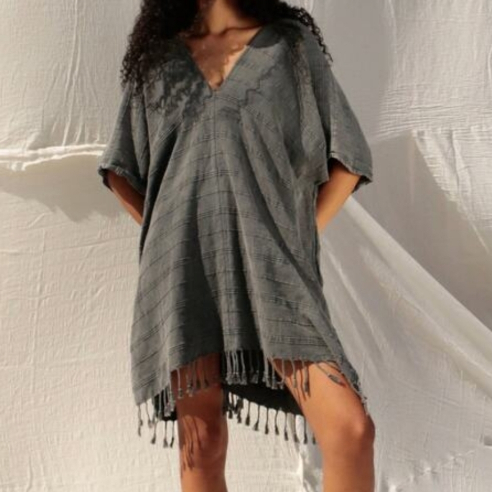 The Handloom Nomad Fringe Cover Up 100% Cotton Gray Kimono / Poncho One Size